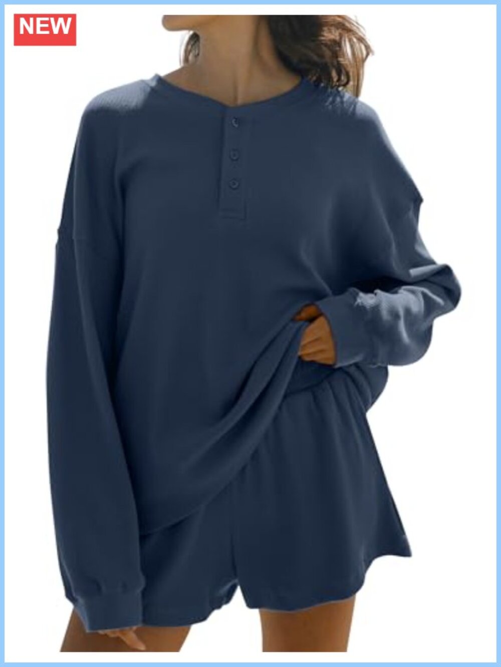 Waffle Knit Lounge Set Oversized Henley Sweatshirt & High Waist Shorts 2 Piece